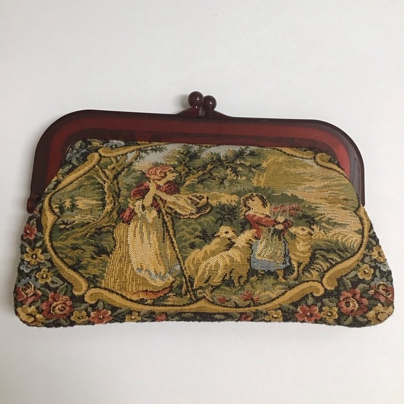 Vintage Handbags - Tapestry Clutch Purse Bakelite Frame Floral Woman Girl Sheep Hong Kong Vintage